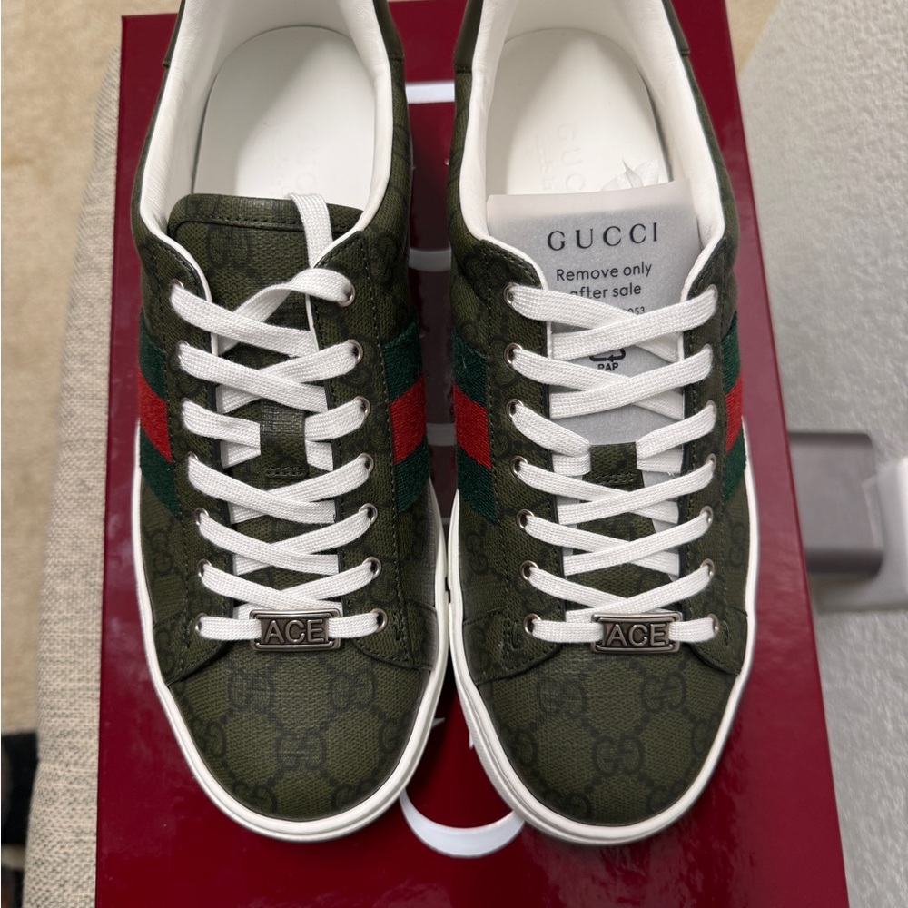 Gucci Olive Green Ace Sneakers with Red Stripes
